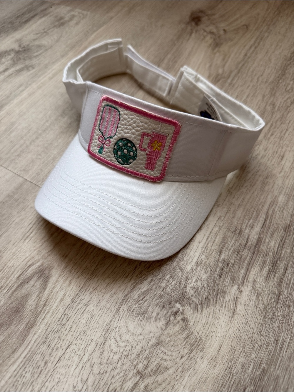 White Women's Visor with Pickleball Pink & Green Embroidered Patch - Picture 2 of 4